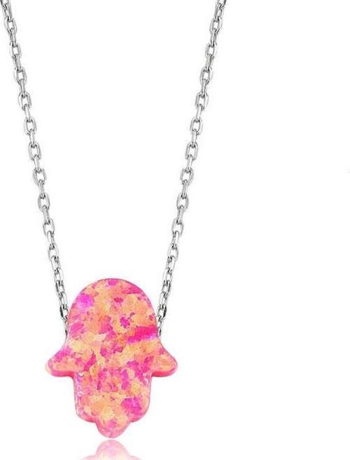 Gümüş Pembe Opal Fatma Eli Bayan Kolye SL1749