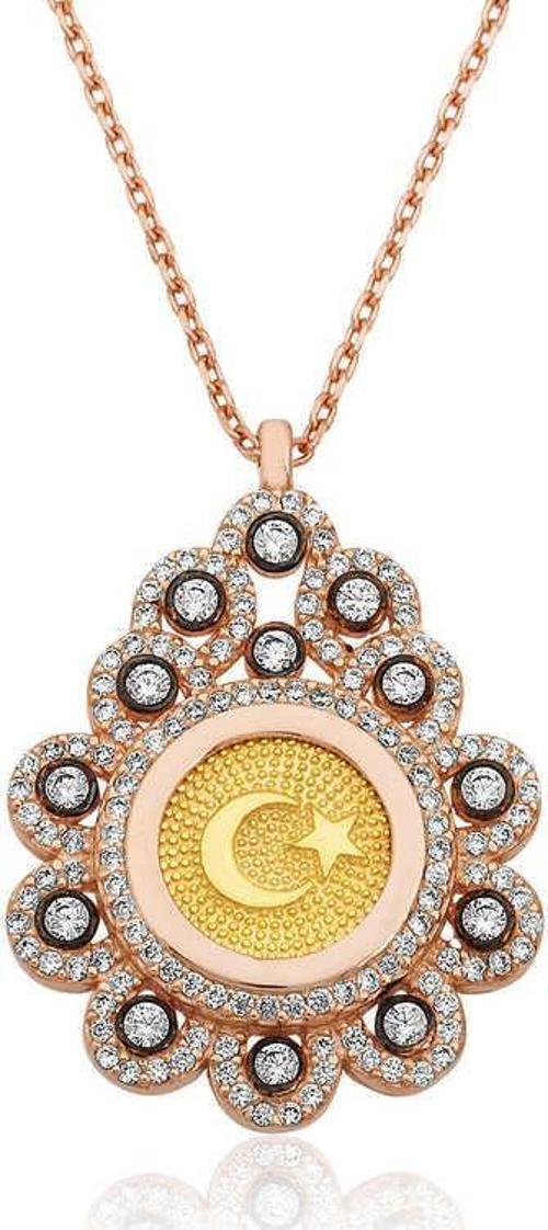 Gümüş Rose Damla Çerçeveli Ay Yıldız Bayan Kolye SL2870