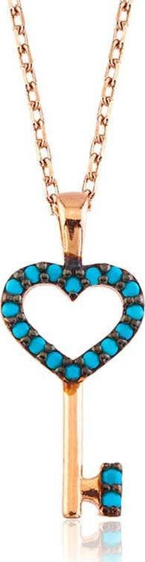 Gümüş Mavi Kalpli Anahtar Bayan Kolye SL1905