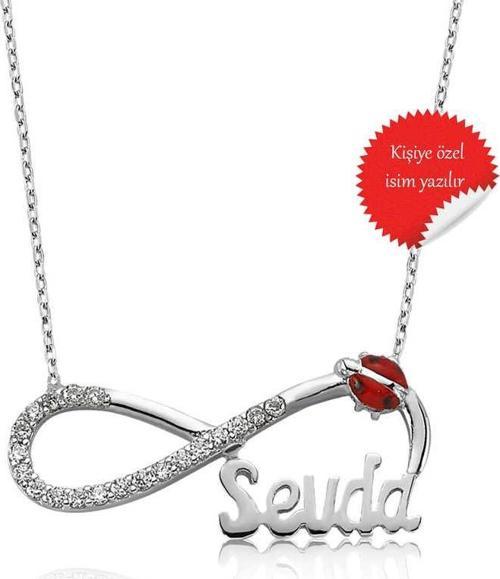Gümüş Uğur Böcekli İsimli Sonsuzluk Bayan Kolye SL2736