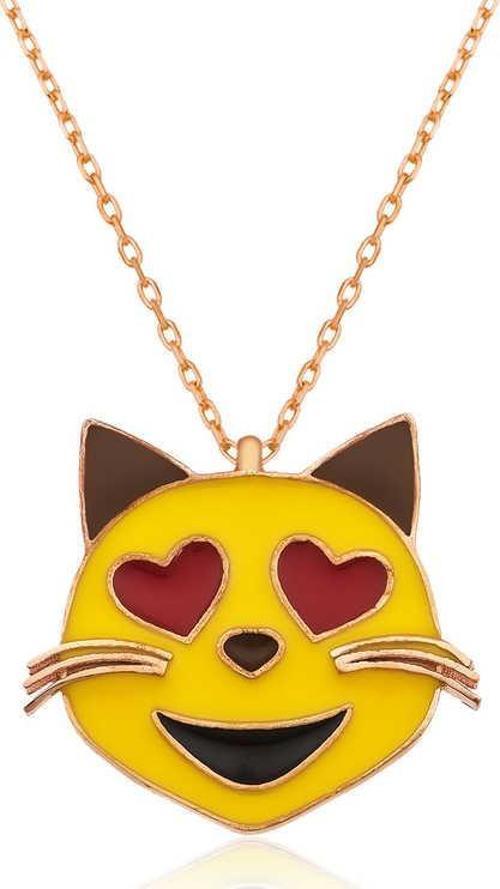 Gümüş Kalp Gözlü Kedi Emoji Bayan Kolye SL1250
