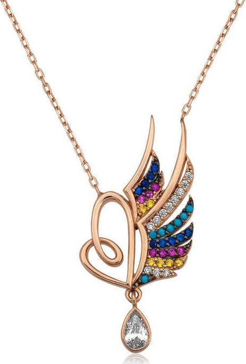 Gümüş Rose Kanatlı Kalp Bayan Kolye SL3157