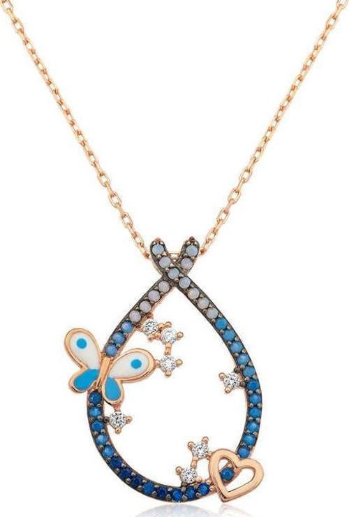 Gümüş Kalpli Ve Kelebekli Damla Kolye SL3159