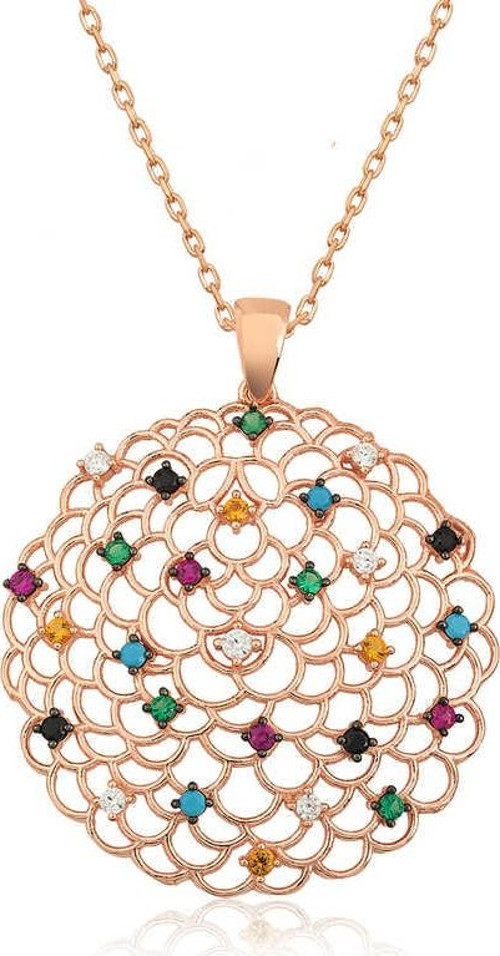 Gümüş Rose Geometrik Desenli Madalyon Kolye SL3326
