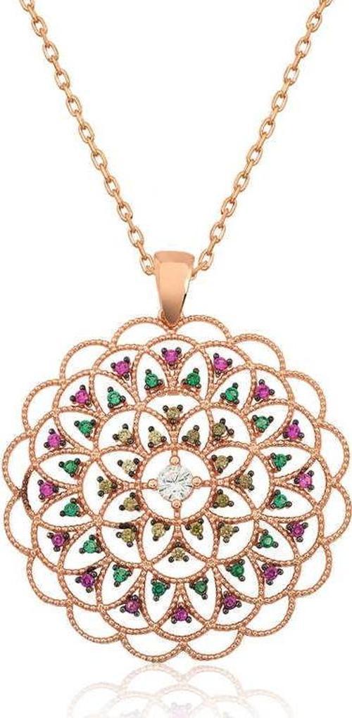 Gümüş Rose Geometrik Desenli Madalyon Kolye  SL7393