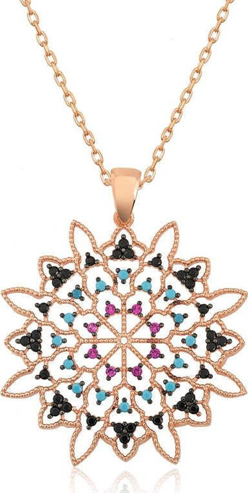Gümüş Rose Geometrik Desenli Madalyon Kolye SL3322