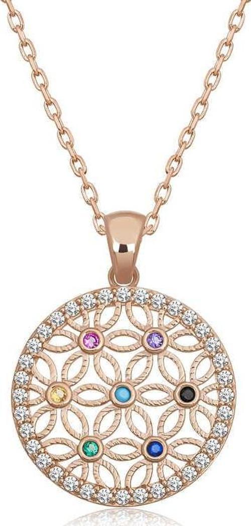 Gümüş Rose Renkli Taşlı Yaşam Çiçeği Kadın Kolye SL4783