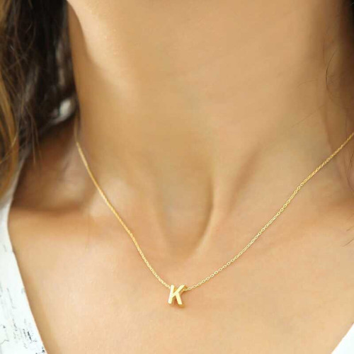 Gümüş Gold 3 Boyutlu K Harf Bayan Kolye SL4231