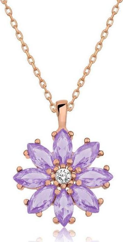 Gümüş Rose Lila Çiçek Kolye SL3762
