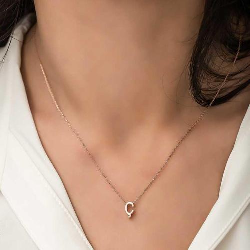 Gümüş Rose 3 Boyutlu Ç Harf Bayan Kolye SL4243