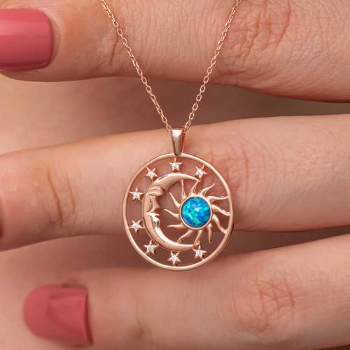 Gümüş Rose Opal Mavi Taşlı Ay Güneş Kadın Kolye  SL7285