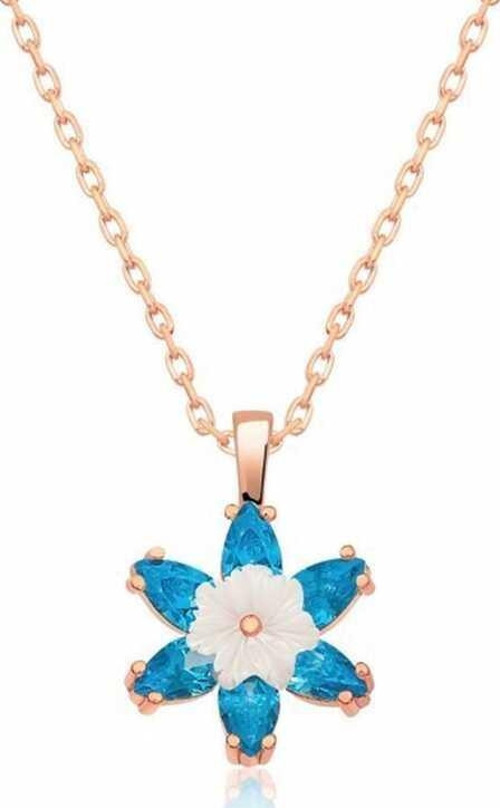 Gümüş Rose Mavi Lotus Çiçeği Kolye SL3841