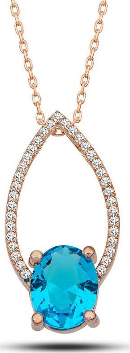 Gümüş Rose Turkuaz Oval Taşlı Kadın Kolye SL5276