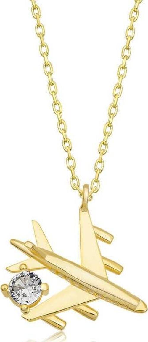 Gümüş Gold Tek Taşlı Uçak Kadın Kolye SL2044