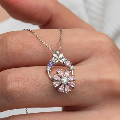 Gümüş Pembe Dönen Çiçek Kadın Kolye SL9239