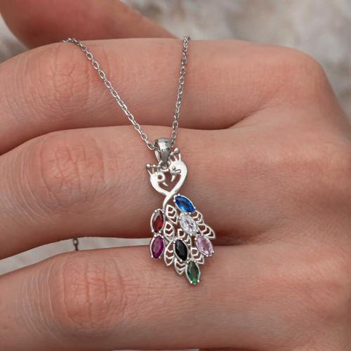 Gümüş Renkli Taşlı Tavus Kuşu Kadın Kolye  SL9965