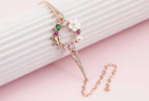 Gümüş Rose Renkli Manolya Çiçeği  Kadın Bileklik SL5286