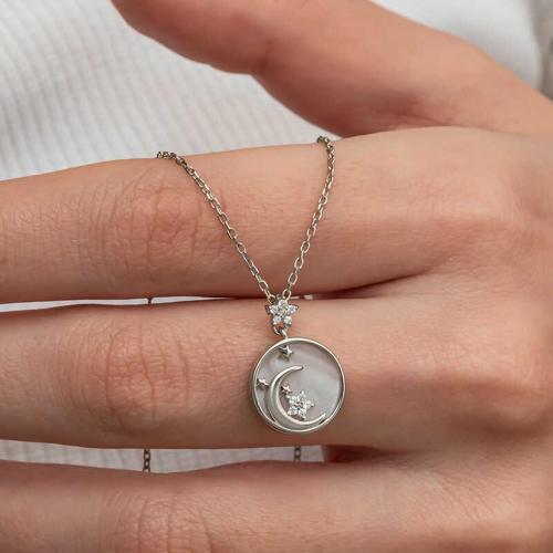 Gümüş Sedef Taşlı Ay Yıldız Hilal Kadın Kolye SL9075