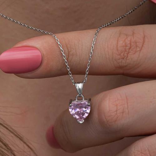 Gümüş Pembe Taşlı Kalpli Kadın Kolye SL6921