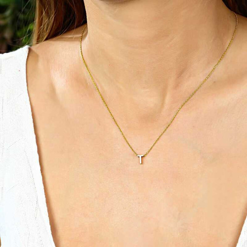 Gümüş Gold 3 Boyutlu T Harf Bayan Kolye SL4235