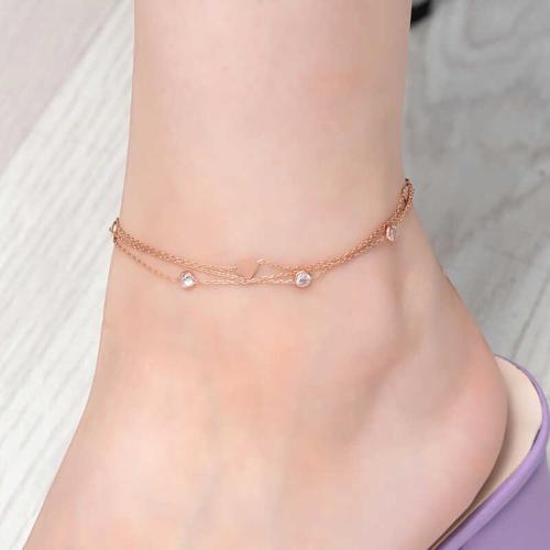 Gümüş Rose Çift Zincirli Kalp Zirkon Taşlı Halhal SL6081