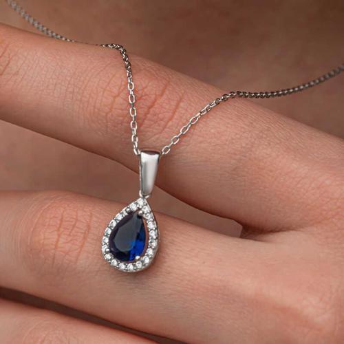 Gümüş Mavi Taşlı Damla Kadın Kolye SL11533