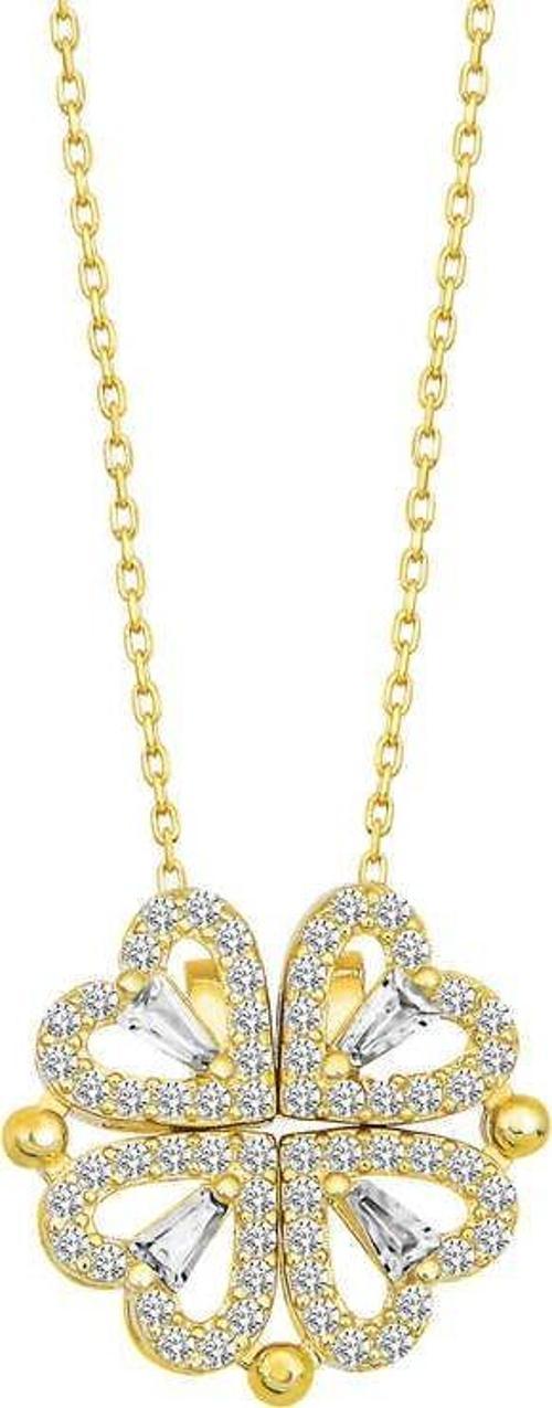 Gümüş Gold Kalpli Açılabilen Yonca Kadın Kolye SL5056