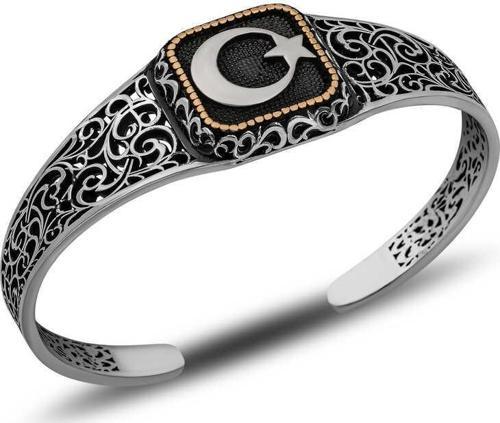 Gümüş Ay Yıldız Ayarlanabilir Kelepçe Erkek Bileklik SL10673