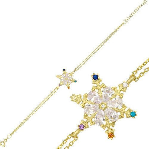 Gümüş Gold Renkli Taşlı Kar Tanesi Kadın Bileklik SL5131