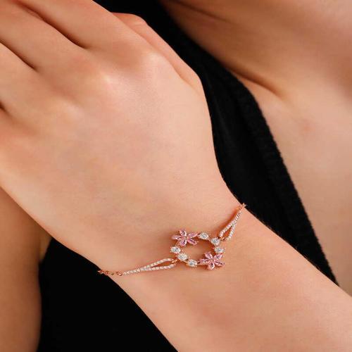 Gümüş Rose Pembe Çiçek Kadın Bileklik SL6003
