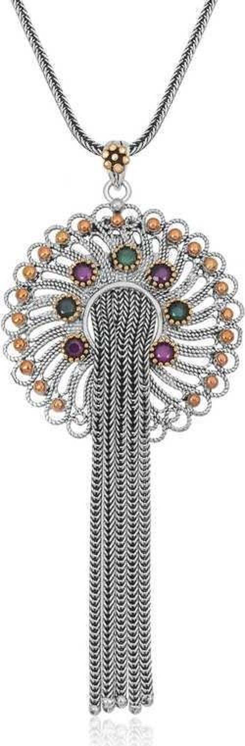 Gümüş Telkari Yakut Zümrüt Renkli Taşlı Kadın Kolye SL1882