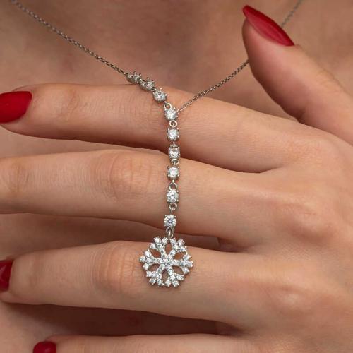 Gümüş Sıralı Zirkon Taşlı Kar Tanesi Kadın Kolye SL9138