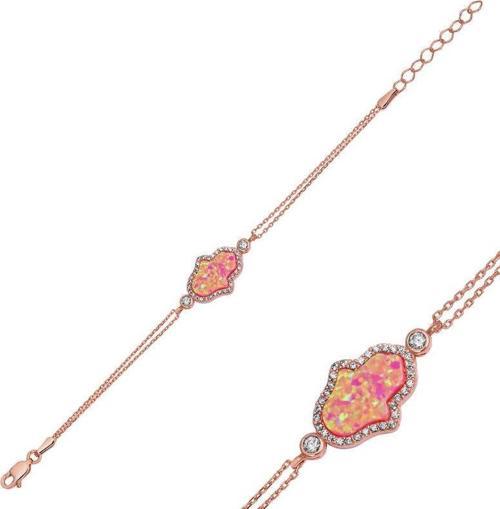 Gümüş Rose Pembe Opal Fatma Ana Eli Bayan Bileklik SL1535