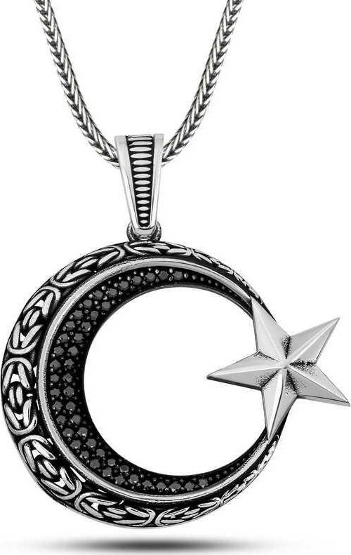 Gümüş Zirkon Taşlı Motifli Ay Yıldız Erkek Kolye SL10677
