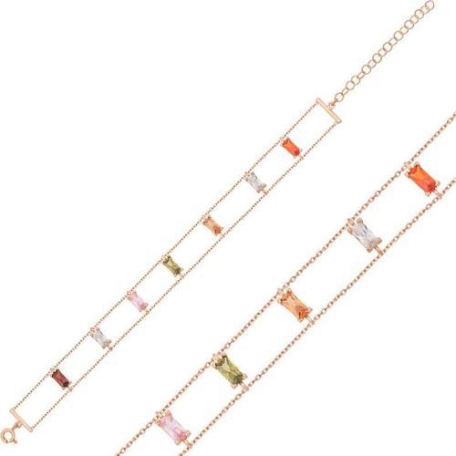 Gümüş Rose Renkli Baget Taşlı Bayan Bileklik SL1546