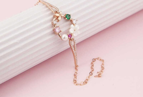 Gümüş Rose Kalp Manolya Çiçeği Kelebek Kadın Bileklik SL5386