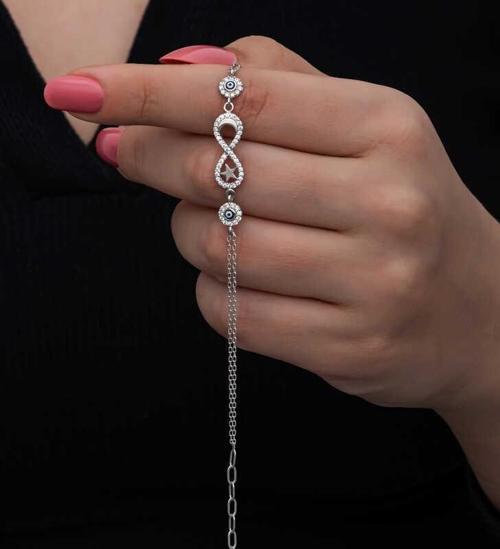 Gümüş Ay Yıldız Nazarlı Sonsuzluk Kadın Bileklik SL6711