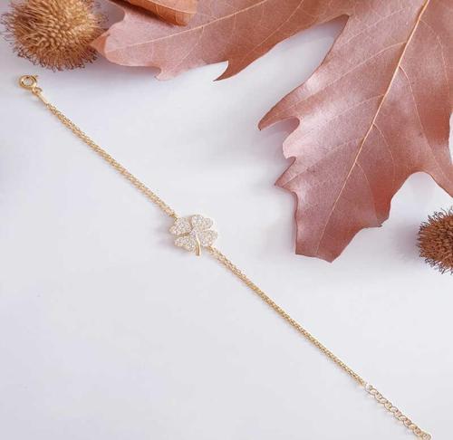 Gümüş Gold Kalpli Yonca Kadın Bileklik SL5758