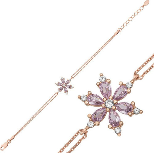Gümüş Rose Lila Lotus Çiçeği Kadın Bileklik SL4957