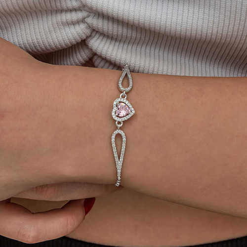 Gümüş Pembe Zirkon Taşlı Kalp Bileklik SL9258