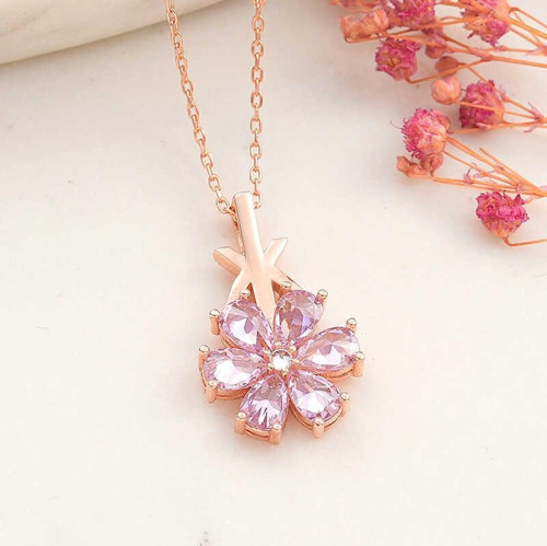 Gümüş Rose Pembe Sevgi Çiçeği Kadın Kolye SL6145