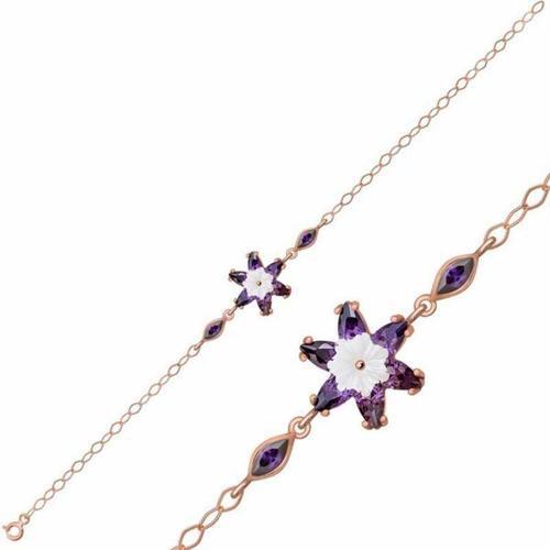 Gümüş Rose Mor Lotus Çiçeği Bileklik SL3872