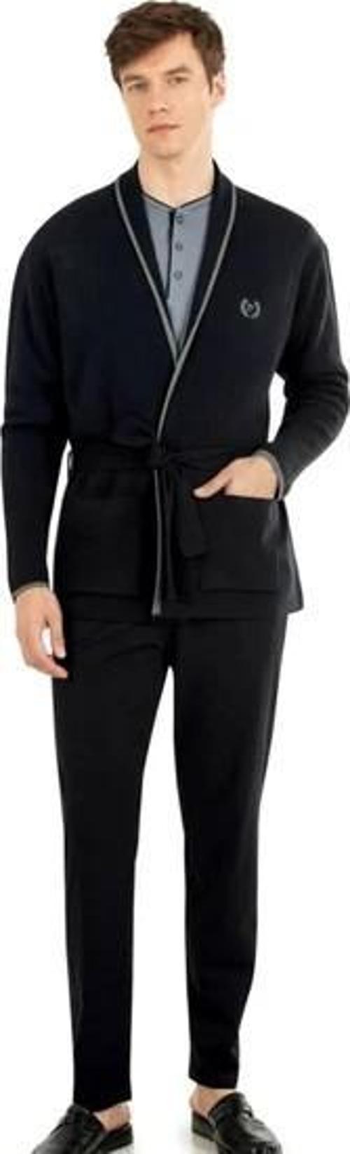 Erkek Çeyizlik Uzunkollu Pijama ve Triko Sabahlık 3'lü Set Takım