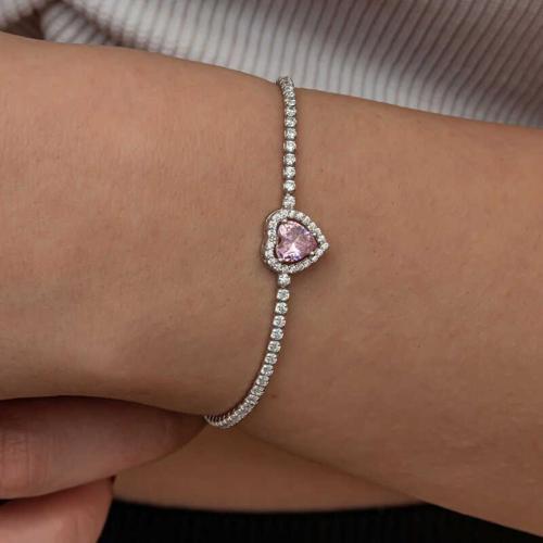Gümüş Pembe Taşlı Kalpli Su Yolu Bileklik  SL9136
