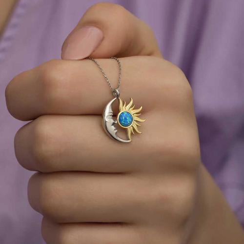 Gümüş Opal Mavi Taşlı Ay Güneş Kadın Kolye  SL5573