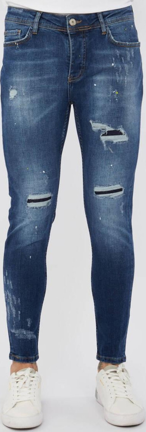 Erkek Skinny Ripped Patch Detaylı Jean Koyu Mavi
