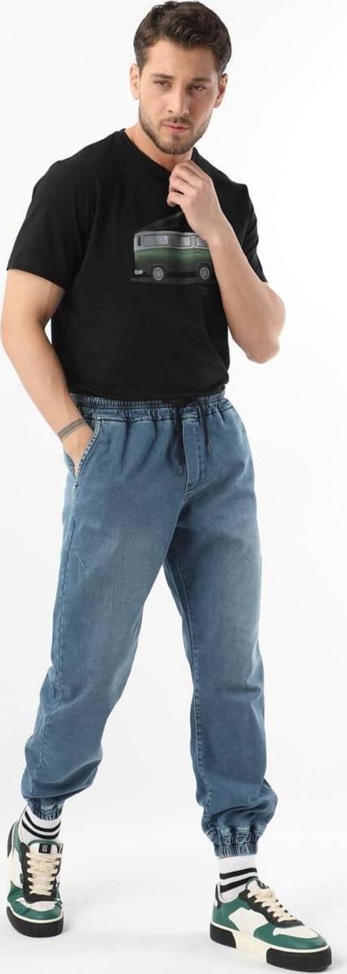 Erkek Beli Lastikli Jogger Pantolon Mavi