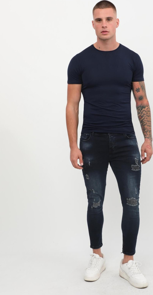 Erkek Skinny Fit Destroy Lacivert