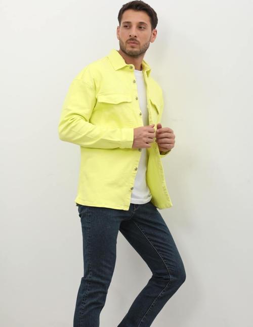 Erkek Oversize Jean Gömlek Neon Yeşil