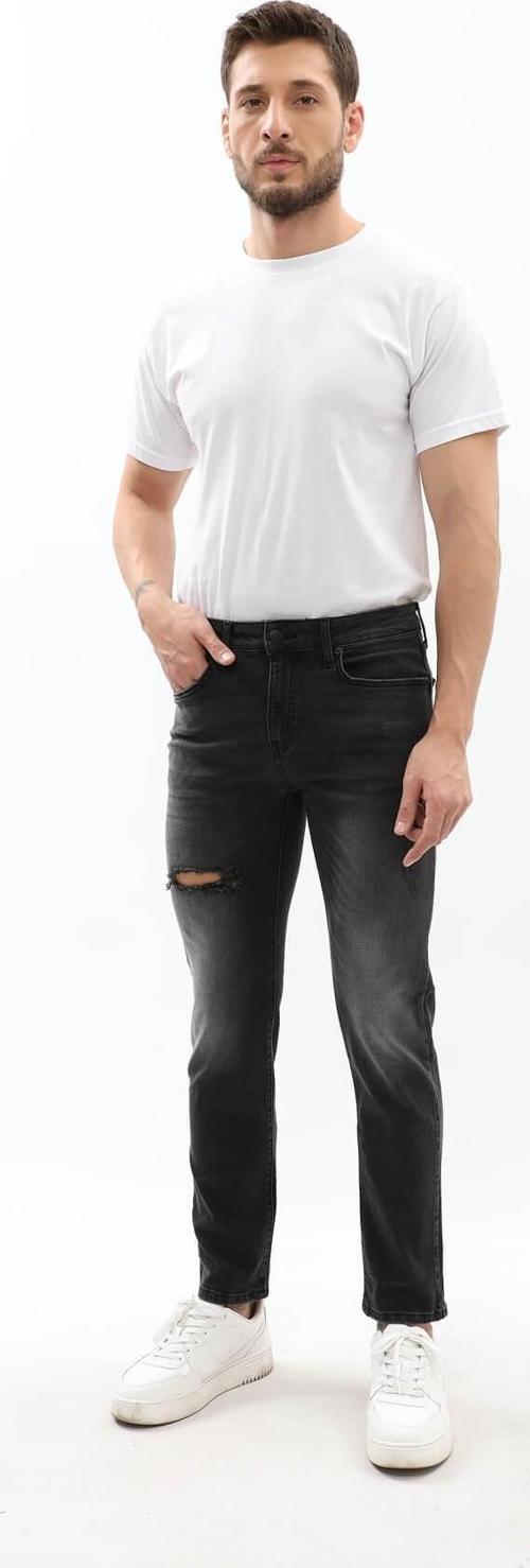 Erkek Slim Fit Yırtık Detay Antrasit Jean Pantolon